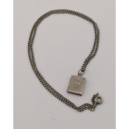 Vintage Religious Dainty Cross Engraved Book Locket Necklace
