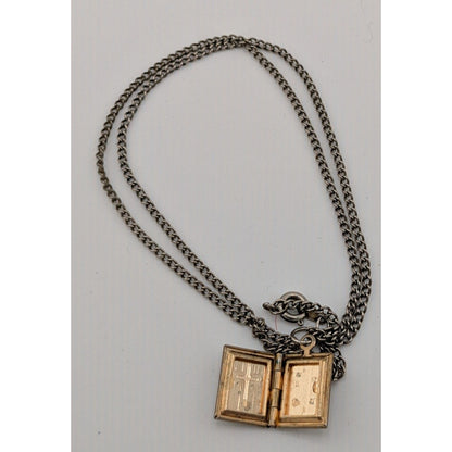 Vintage Religious Dainty Cross Engraved Book Locket Necklace