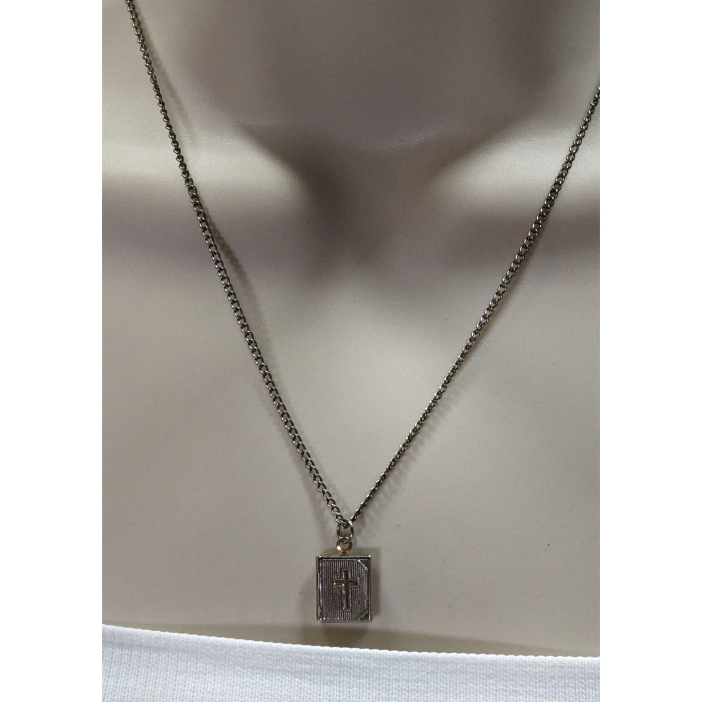 Vintage Religious Dainty Cross Engraved Book Locket Necklace