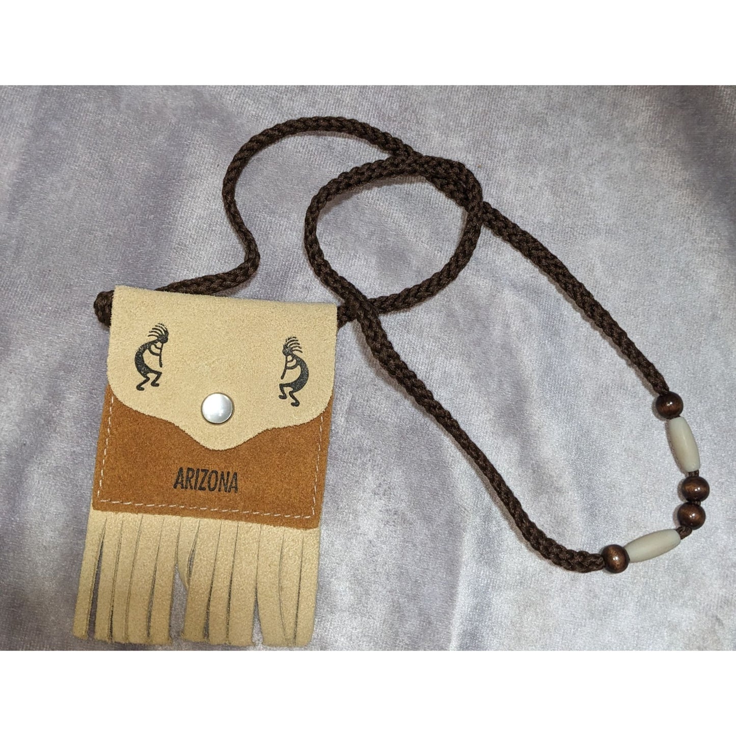 Arizona Kokopelli Leather Fringe Pouch Necklace With Beaded Cord & Snap Closure