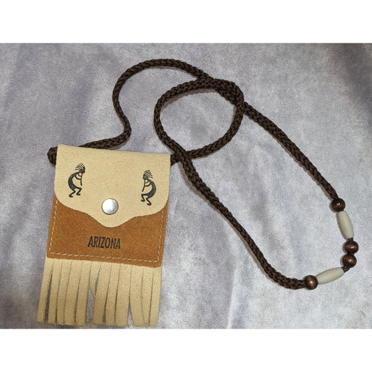 Arizona Kokopelli Leather Fringe Pouch Necklace With Beaded Cord & Snap Closure