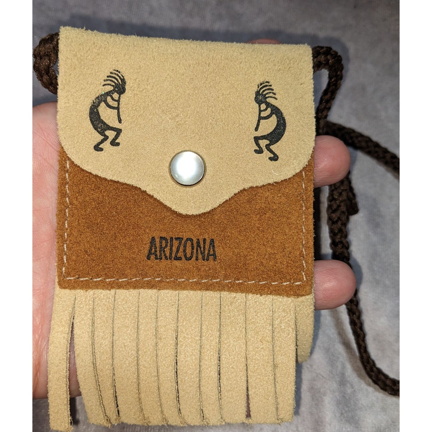 Arizona Kokopelli Leather Fringe Pouch Necklace With Beaded Cord & Snap Closure