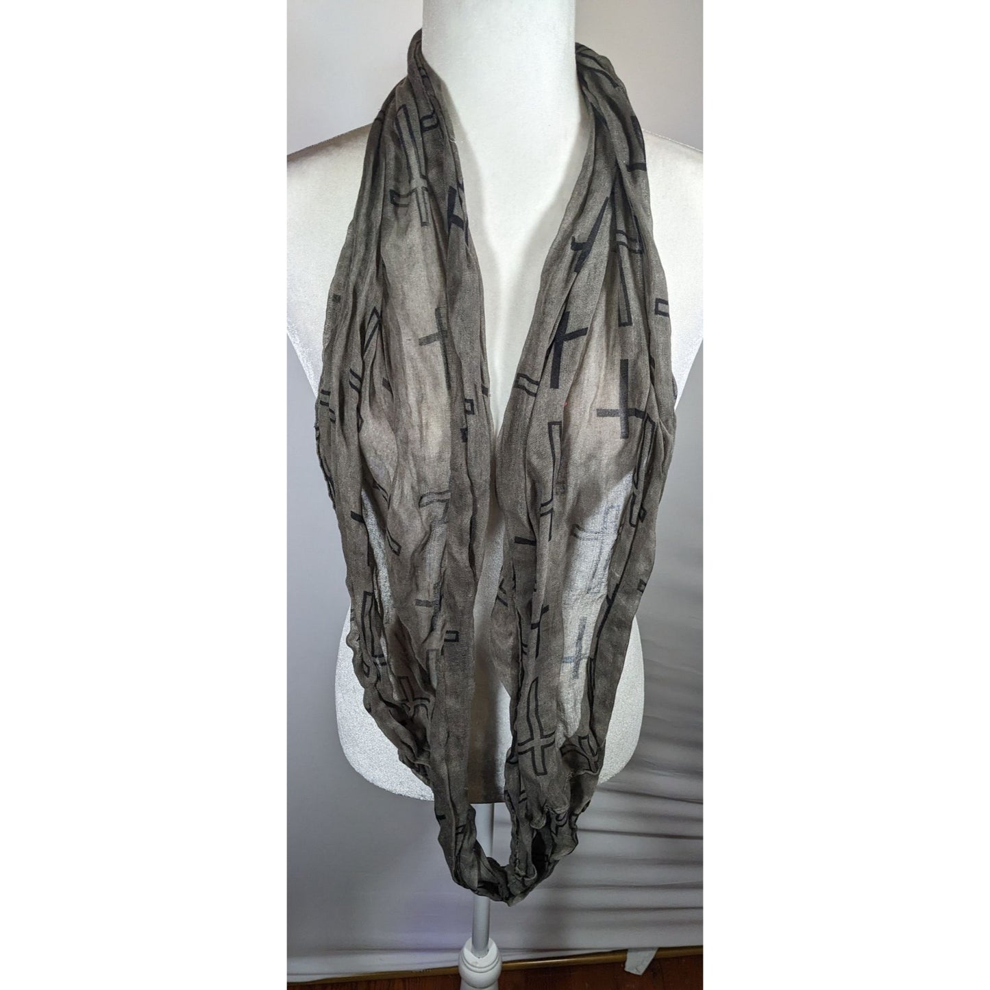 Grunge Gothic Grey And Black Cross Print Infinity Scarf