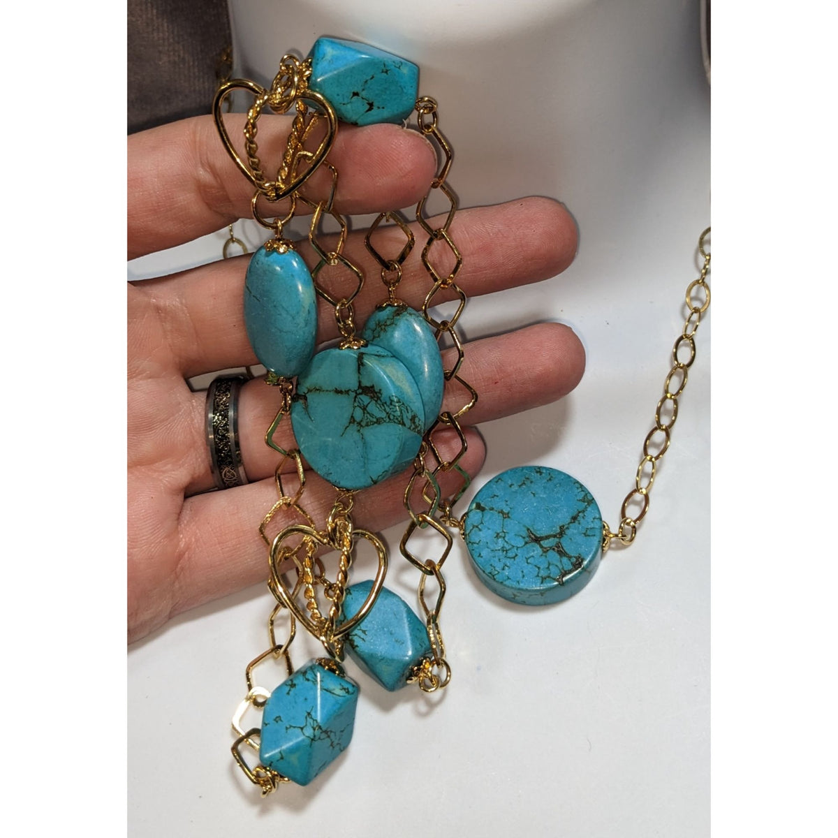 Vintage Chateau D'Argante 925 Turquoise Boho Long Statement Necklace 36 Inch