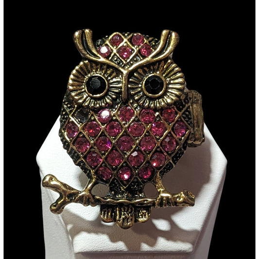 Witchy Cottagecore Pink Rhinestone Gold Tone Owl Stretch Ring Size 6