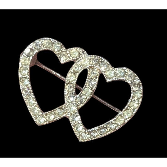 Romantic Glam Double Heart Silver Tone Rhinestone Brooch