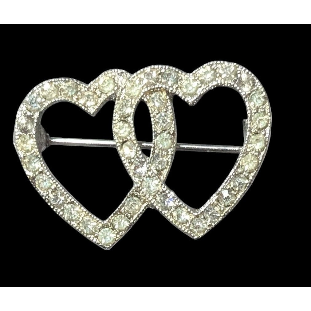 Romantic Glam Double Heart Silver Tone Rhinestone Brooch