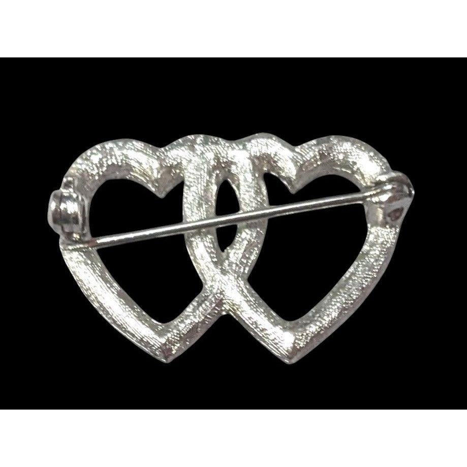 Romantic Glam Double Heart Silver Tone Rhinestone Brooch