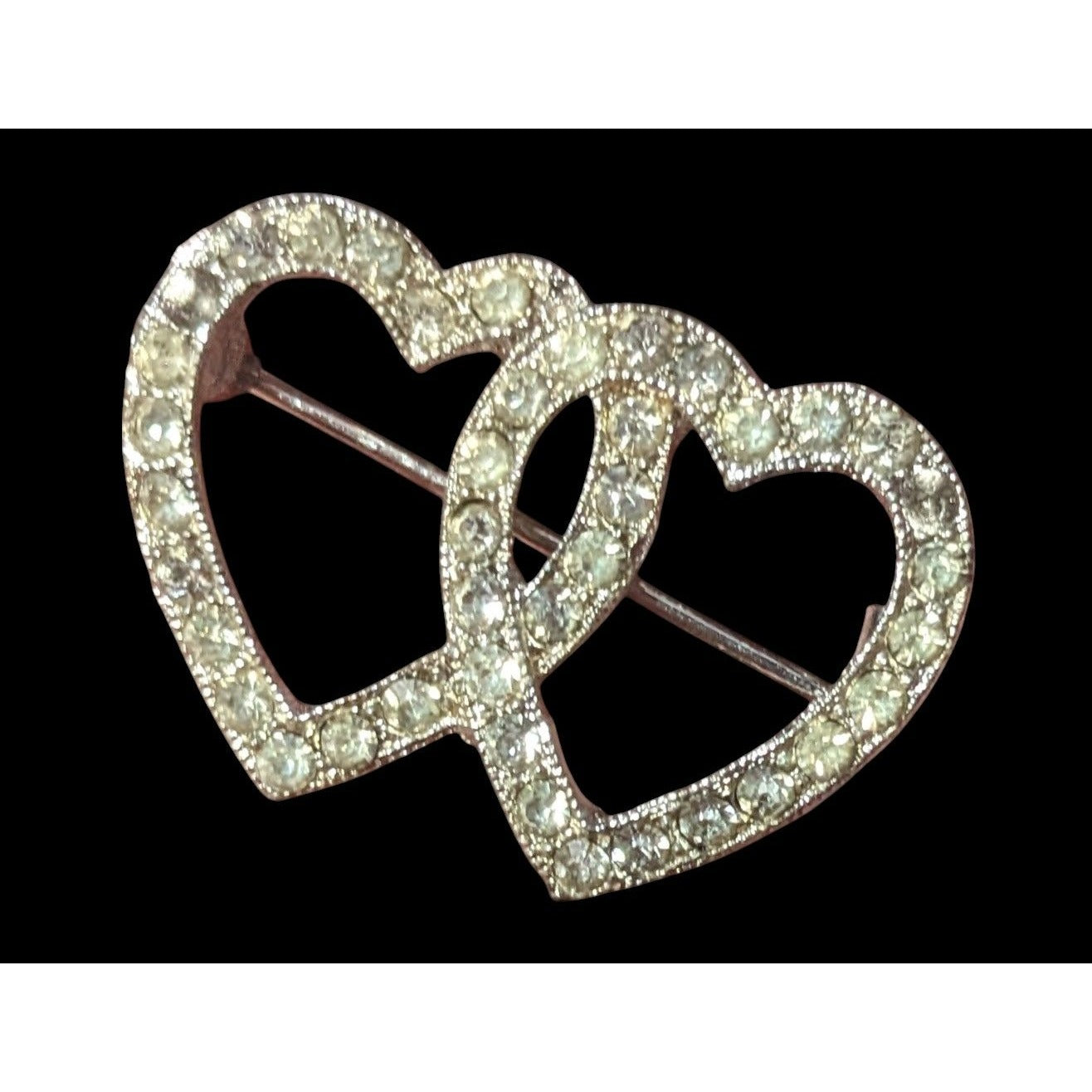 Romantic Glam Double Heart Silver Tone Rhinestone Brooch