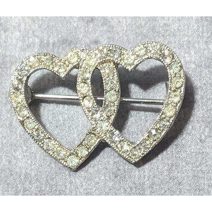 Romantic Glam Double Heart Silver Tone Rhinestone Brooch