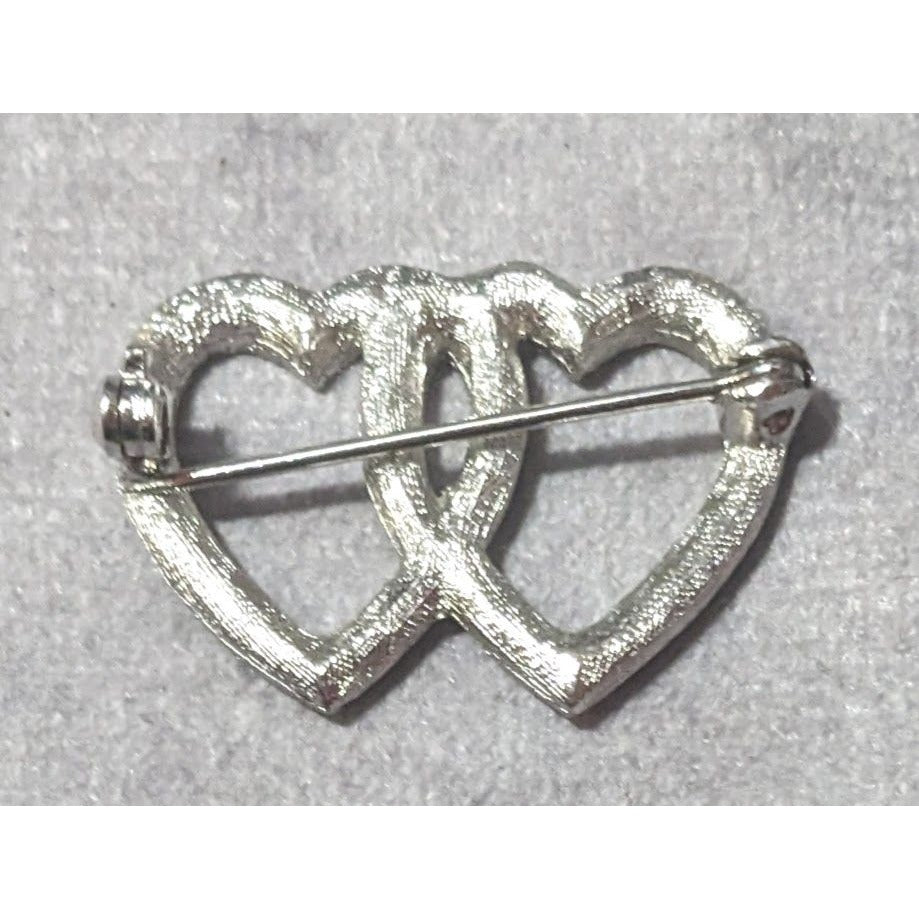 Romantic Glam Double Heart Silver Tone Rhinestone Brooch