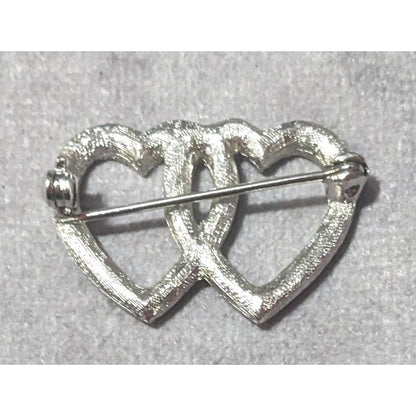 Romantic Glam Double Heart Silver Tone Rhinestone Brooch