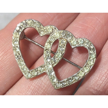 Romantic Glam Double Heart Silver Tone Rhinestone Brooch