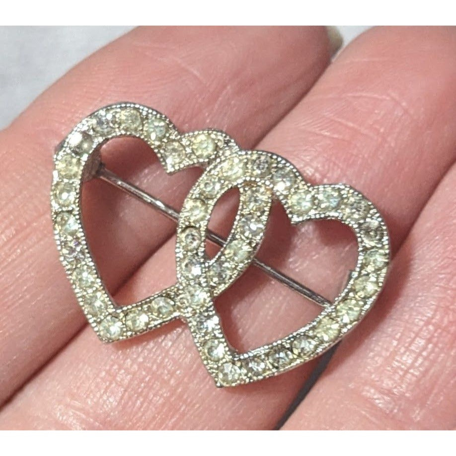 Romantic Glam Double Heart Silver Tone Rhinestone Brooch