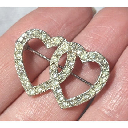 Romantic Glam Double Heart Silver Tone Rhinestone Brooch