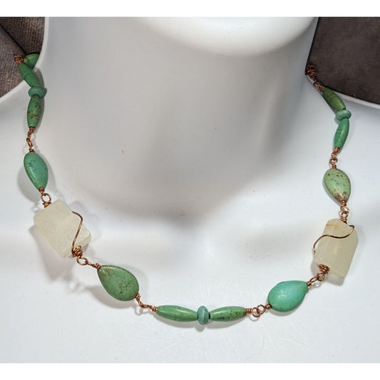 Handmade Boho Faux Turquoise Glass Bead Copper Wire Necklace Artisan Jewelry