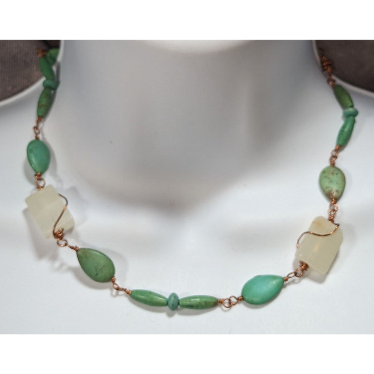 Handmade Boho Faux Turquoise Glass Bead Copper Wire Necklace Artisan Jewelry