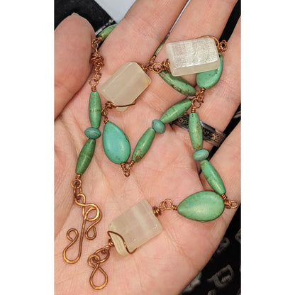 Handmade Boho Faux Turquoise Glass Bead Copper Wire Necklace Artisan Jewelry