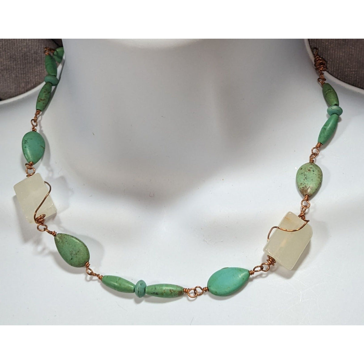Handmade Boho Faux Turquoise Glass Bead Copper Wire Necklace Artisan Jewelry