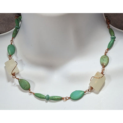 Handmade Boho Faux Turquoise Glass Bead Copper Wire Necklace Artisan Jewelry