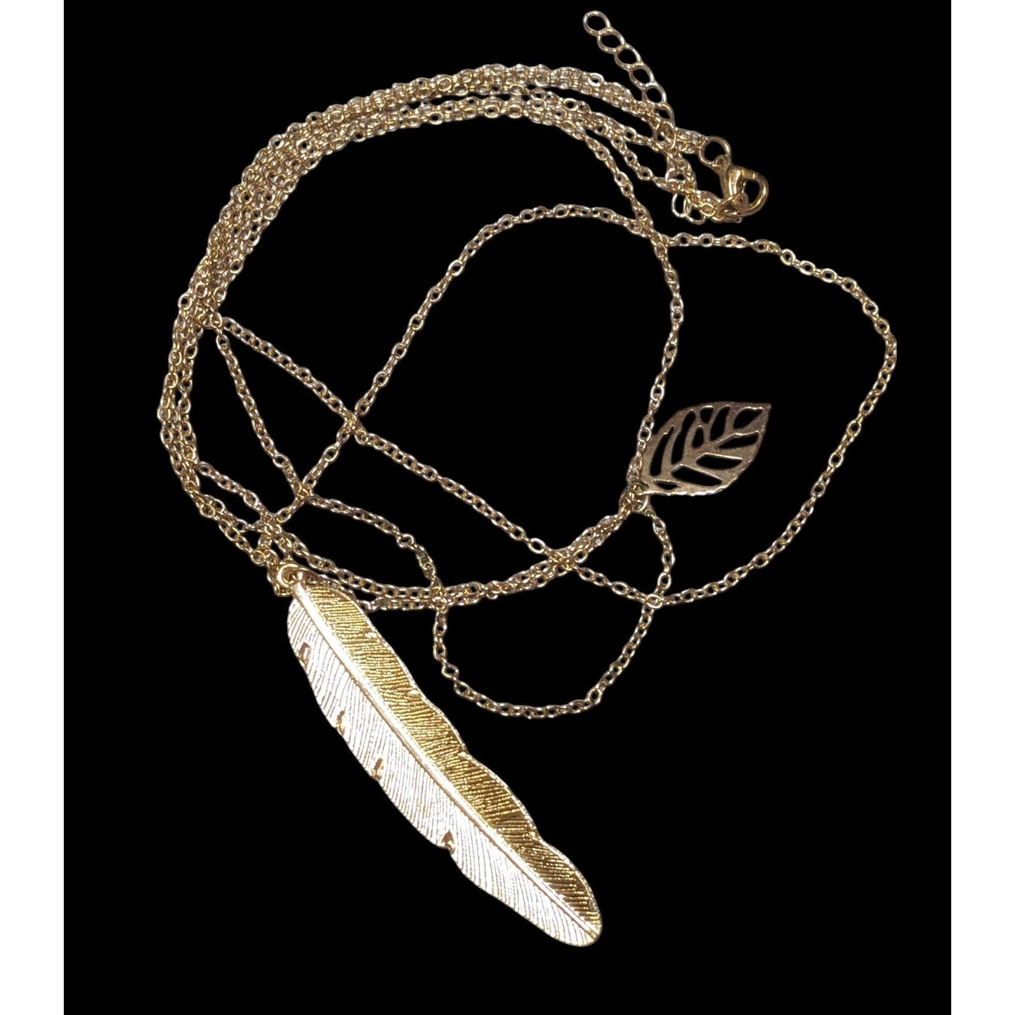 Bohemian Gold Tone Multilayer Feather And Leaf Pendant Necklace