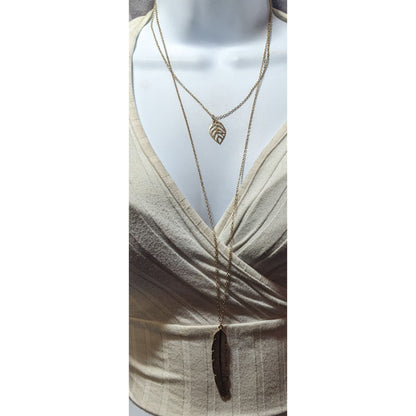 Bohemian Gold Tone Multilayer Feather And Leaf Pendant Necklace