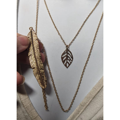 Bohemian Gold Tone Multilayer Feather And Leaf Pendant Necklace