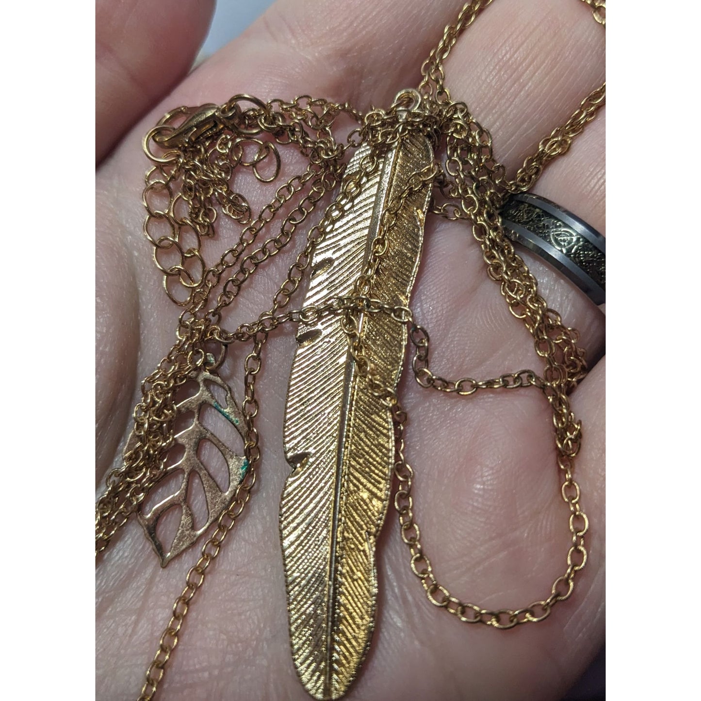 Bohemian Gold Tone Multilayer Feather And Leaf Pendant Necklace