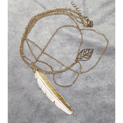 Bohemian Gold Tone Multilayer Feather And Leaf Pendant Necklace