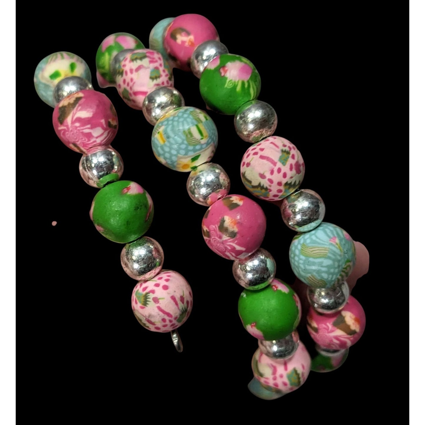 Viva Beads Pink And Green Cupcake Polymer Clay Beaded Coil Bracelet