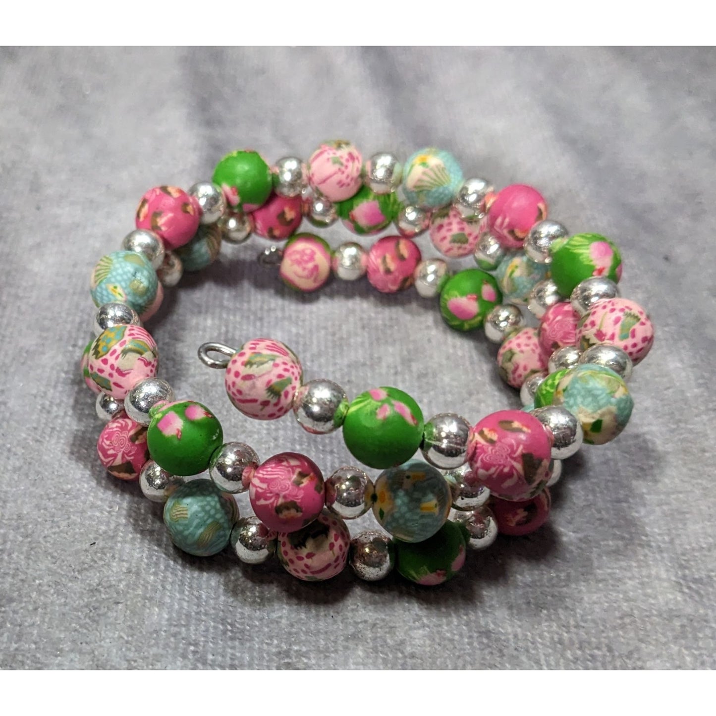 Viva Beads Pink And Green Cupcake Polymer Clay Beaded Coil Bracelet