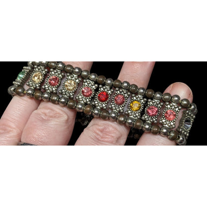 Boho Chic Rainbow Gemmed Silver Tone Stretch Bracelet