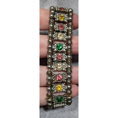 Boho Chic Rainbow Gemmed Silver Tone Stretch Bracelet