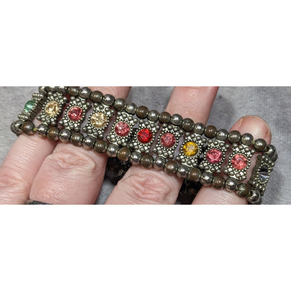 Boho Chic Rainbow Gemmed Silver Tone Stretch Bracelet