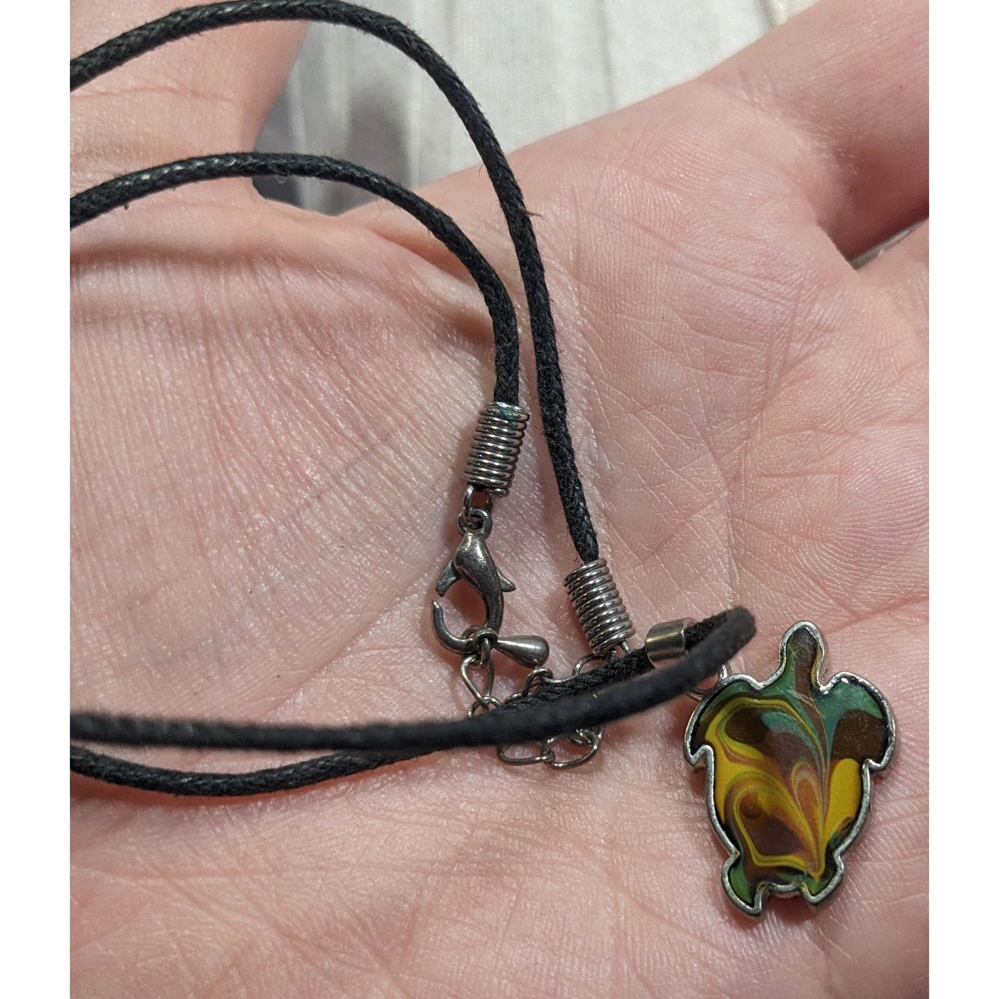 Earthy Beach Inspired Turtle Pendant Necklace With Swirled Enamel Fill