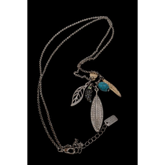 American Eagle Y2K Multi-Leaf And Feather Pendant Necklace With Faux Turquoise & Crystal Accents