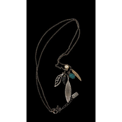 American Eagle Y2K Multi-Leaf And Feather Pendant Necklace With Faux Turquoise & Crystal Accents