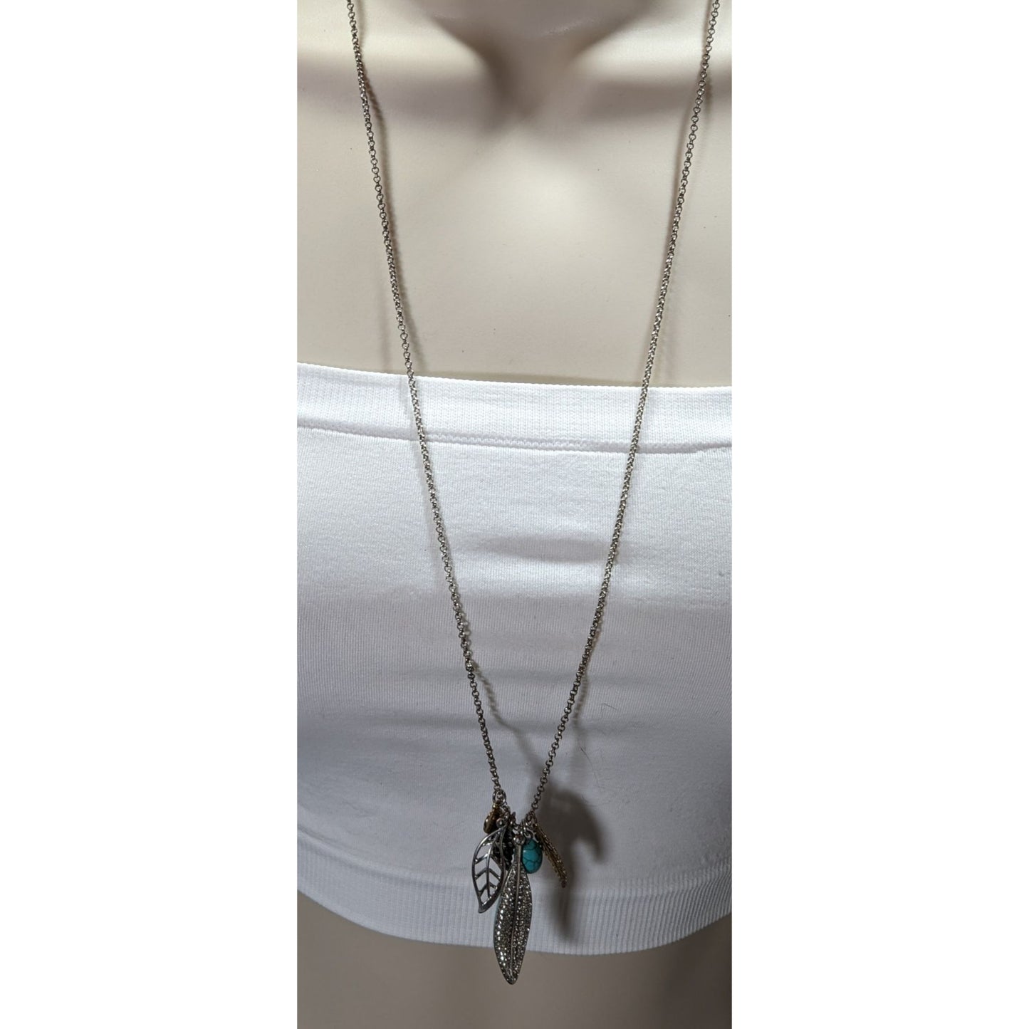 American Eagle Y2K Multi-Leaf And Feather Pendant Necklace With Faux Turquoise & Crystal Accents