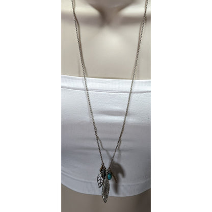 American Eagle Y2K Multi-Leaf And Feather Pendant Necklace With Faux Turquoise & Crystal Accents