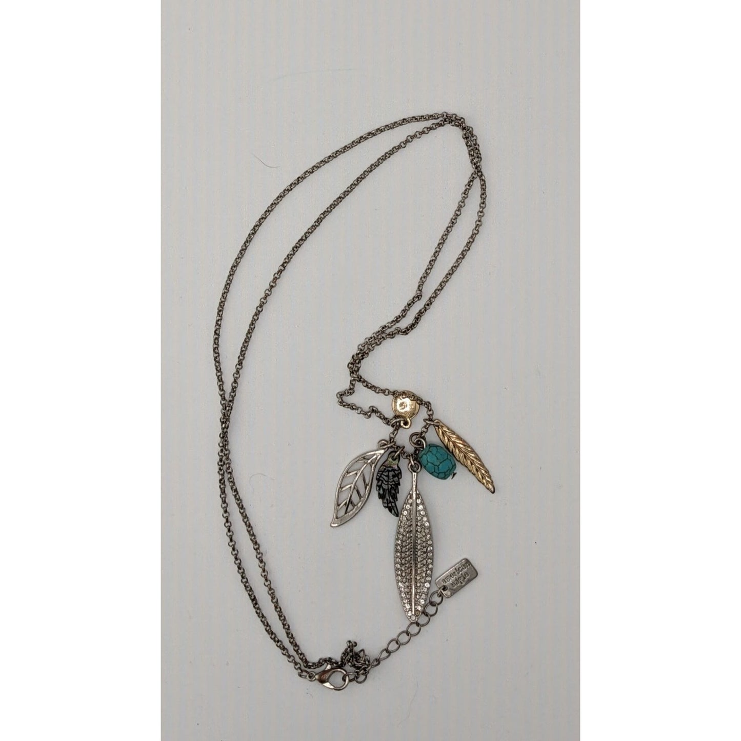 American Eagle Y2K Multi-Leaf And Feather Pendant Necklace With Faux Turquoise & Crystal Accents