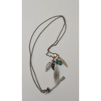 American Eagle Y2K Multi-Leaf And Feather Pendant Necklace With Faux Turquoise & Crystal Accents