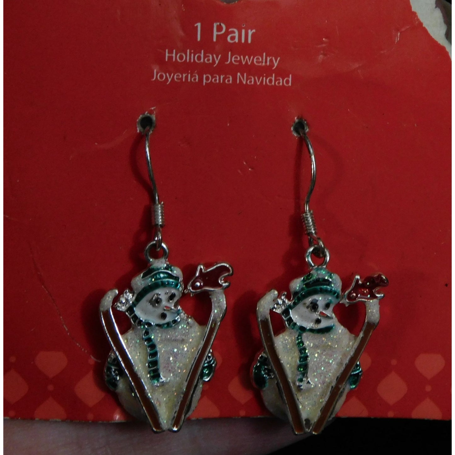 Skiing Snowman Glitter Enamel Dangle Earrings