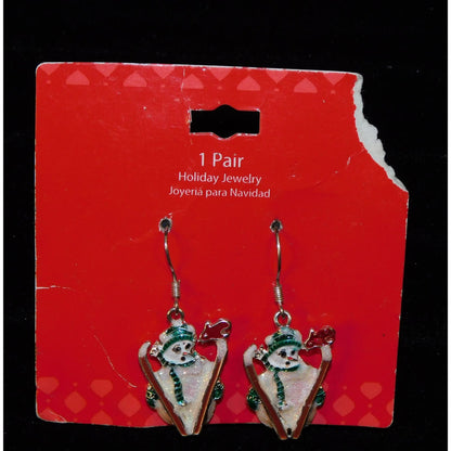 Skiing Snowman Glitter Enamel Dangle Earrings