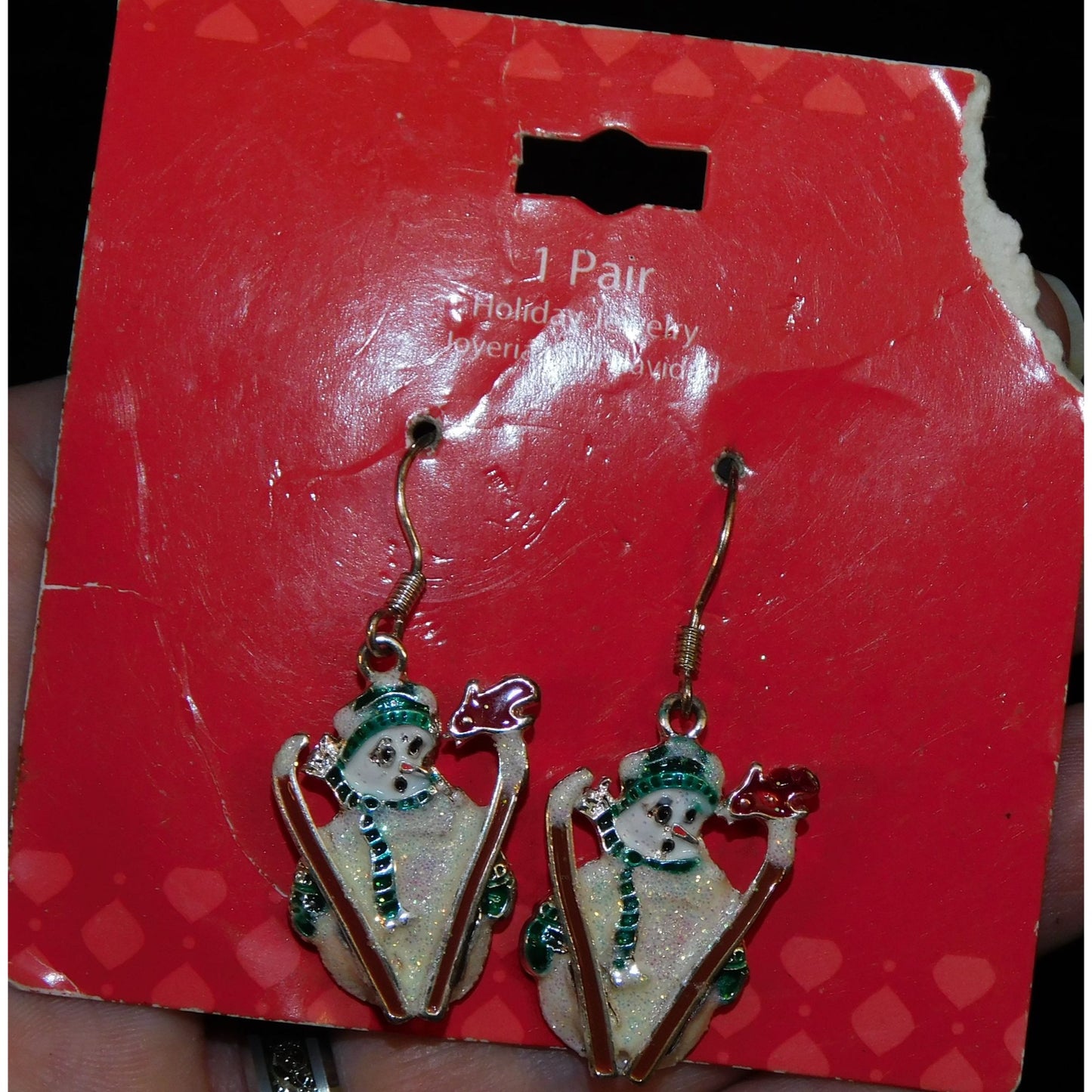 Skiing Snowman Glitter Enamel Dangle Earrings