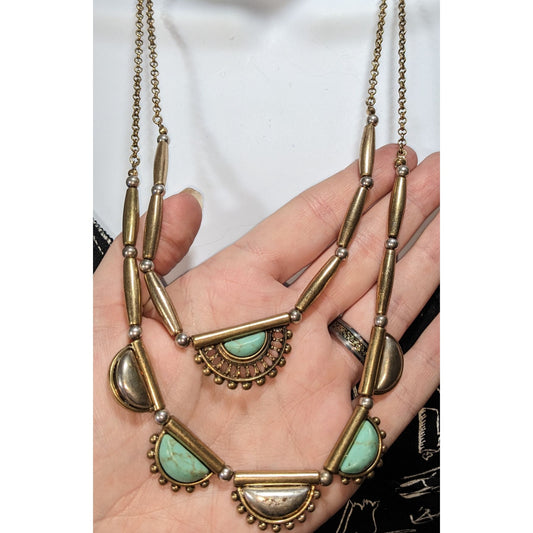 Southwestern Boho Turquoise Style Half Moon Bronze Tone Statement Necklace