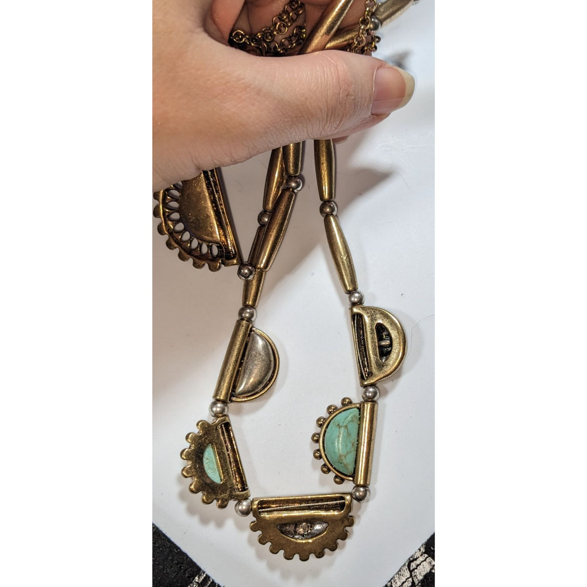 Southwestern Boho Turquoise Style Half Moon Bronze Tone Statement Necklace