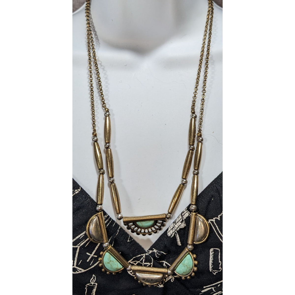Southwestern Boho Turquoise Style Half Moon Bronze Tone Statement Necklace