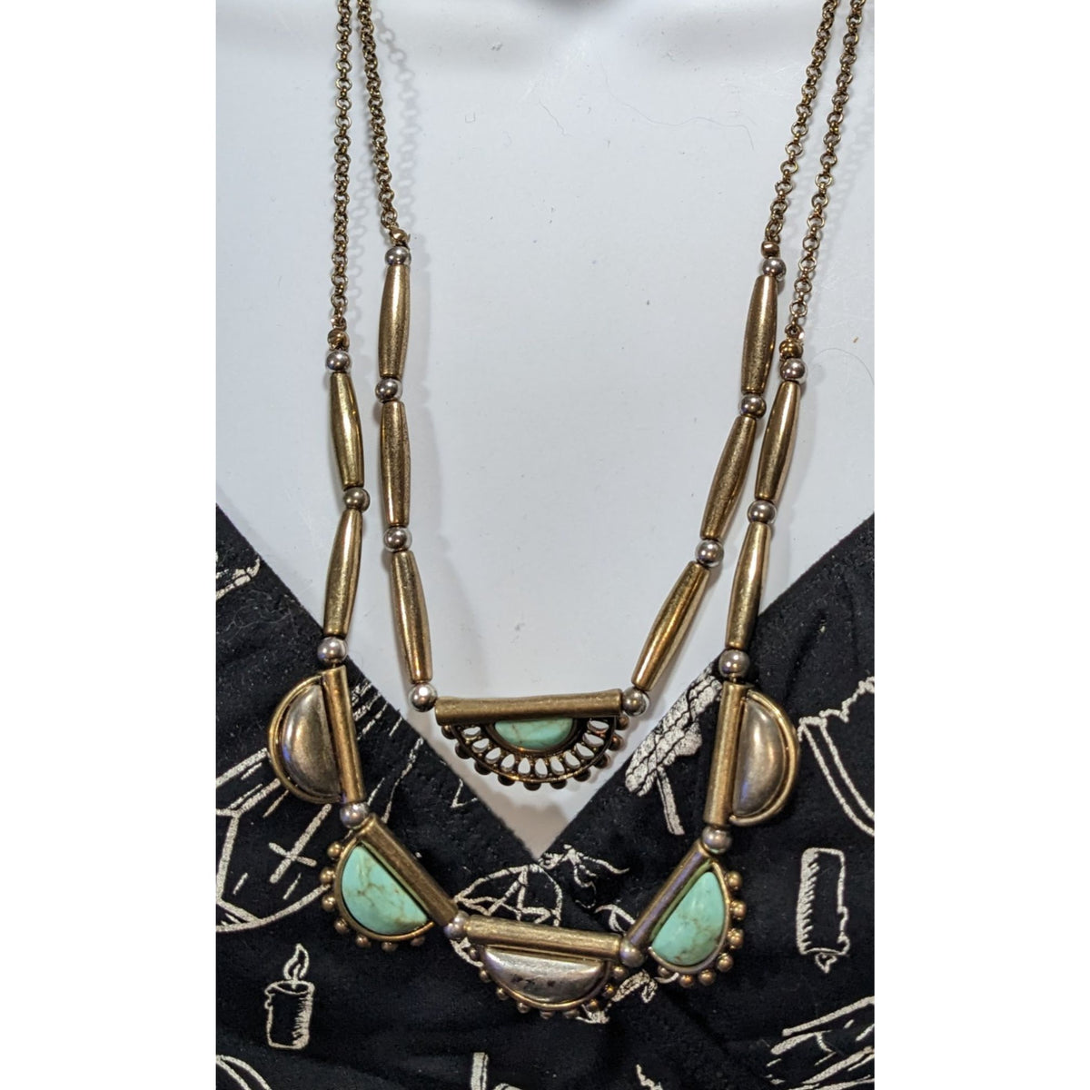 Southwestern Boho Turquoise Style Half Moon Bronze Tone Statement Necklace