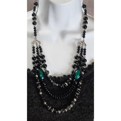 Multi-Strand Black Beaded Necklace With Green Accents & Silver Tone Details