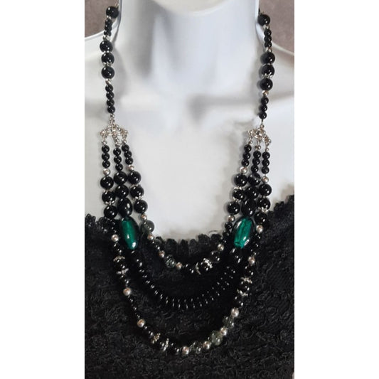Multi-Strand Black Beaded Necklace With Green Accents & Silver Tone Details